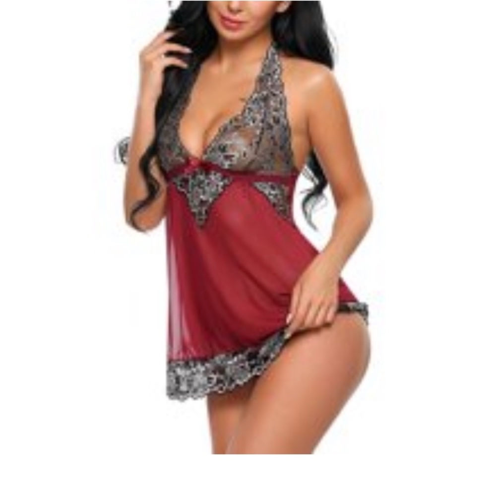 NWT Avid Love Women deep V-neck lingerie lace mesh see through babydoll